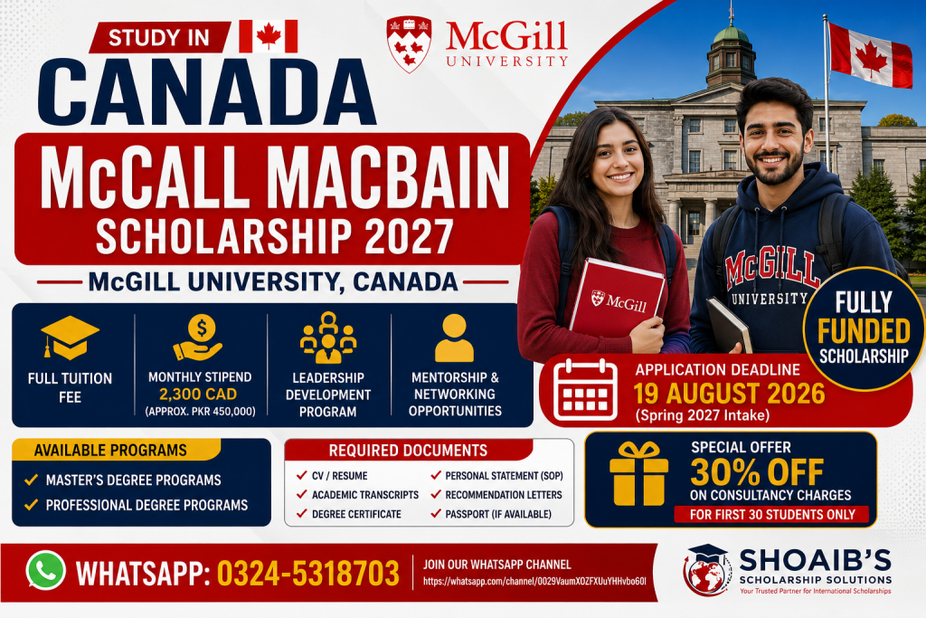 McCall MacBain Scholarship 2027 | McGill University, Canada